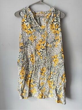 LOFT Yellow Navy Floral Sleeveless V-Neck Summer Midi Dress Pattern Size XS